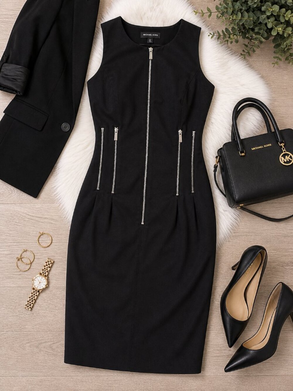 Michael Kors Black Midi Dress Sleeveless Zip Front Classic Chic Size (14)